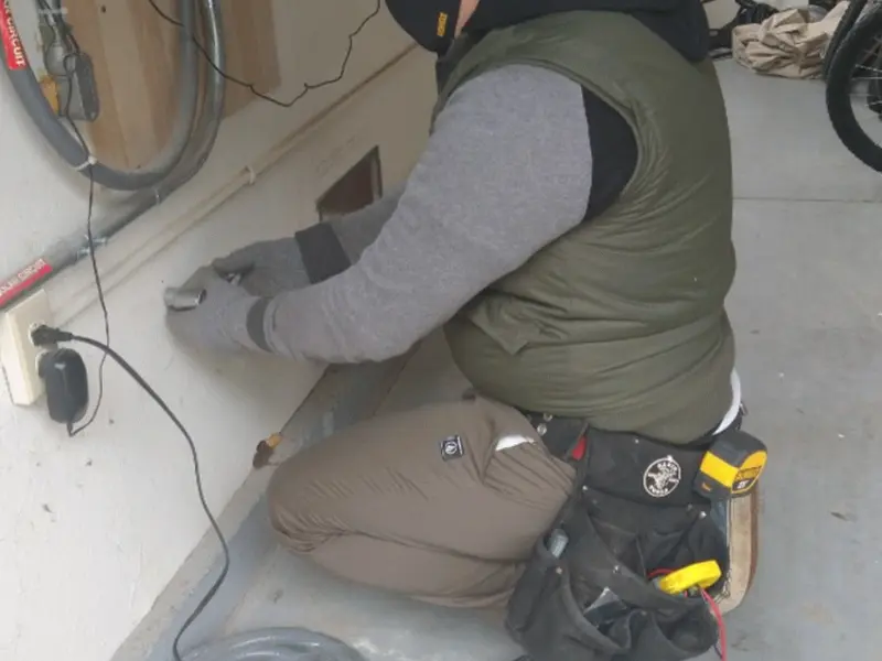 Electrician performing outlet wiring in a Medford garage